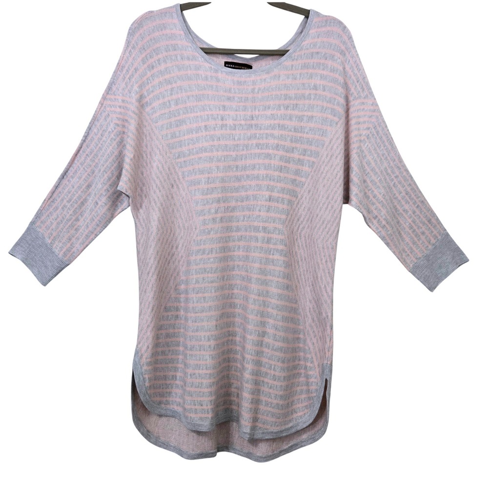 Dana Buchman Women's L Grey Peach Striped Viscose Knit Tunic Sweater 3/4 Sleeve